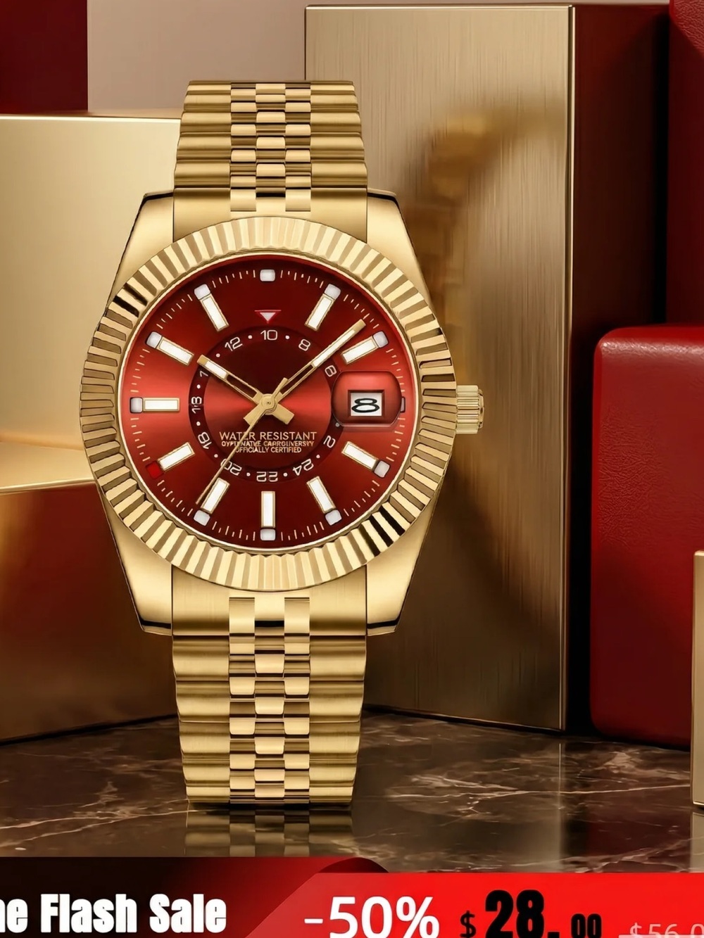 Men's Gold-Tone Watch with Red Sunburst Dial